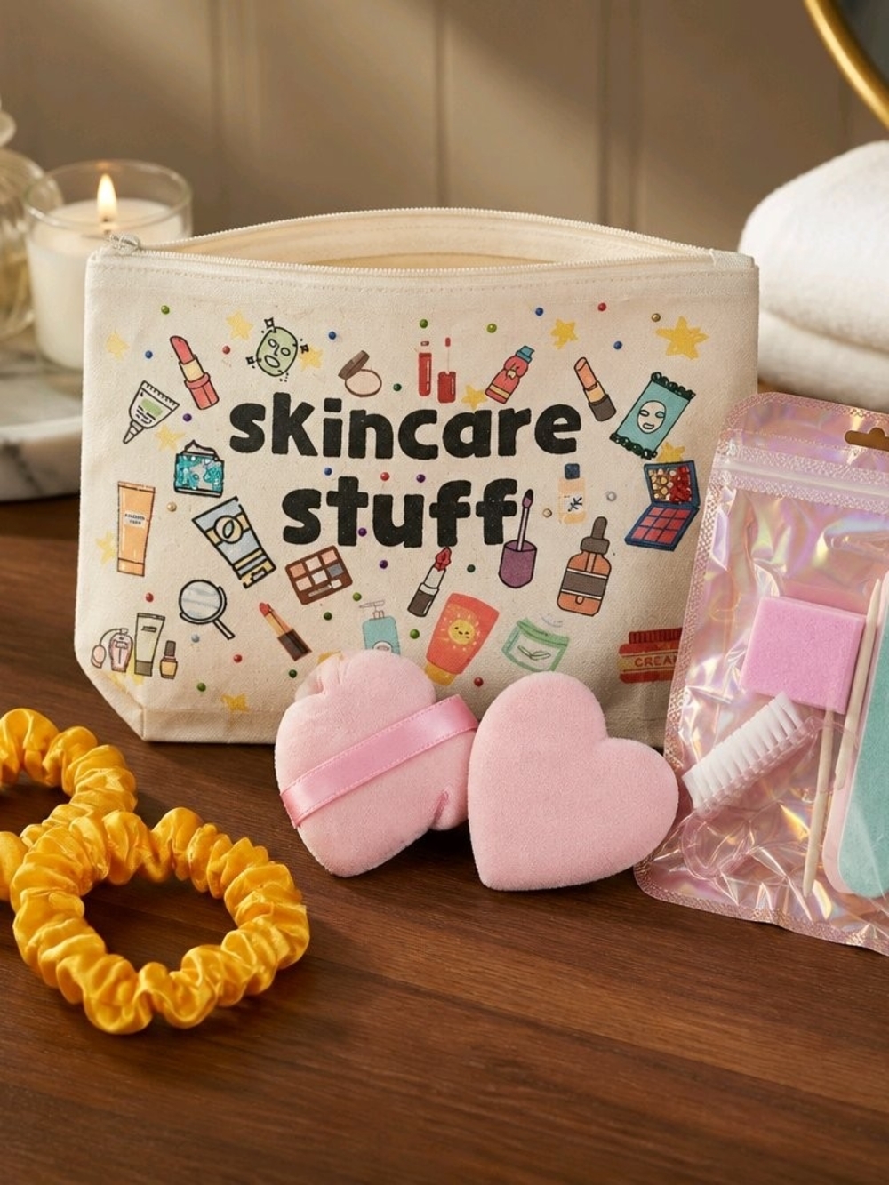 Bag with Skincare Stuff' Makeup & Nail Tool Pouch with Pink Heart Puff Set